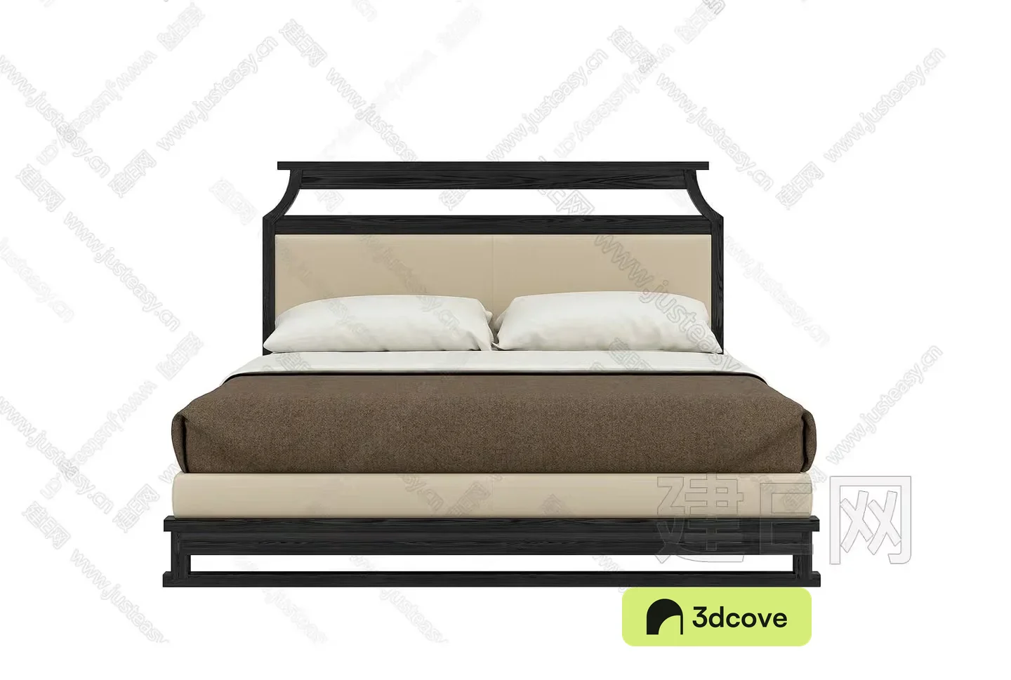 A Bed With A Dark Wood Frame And A Beige Headboard