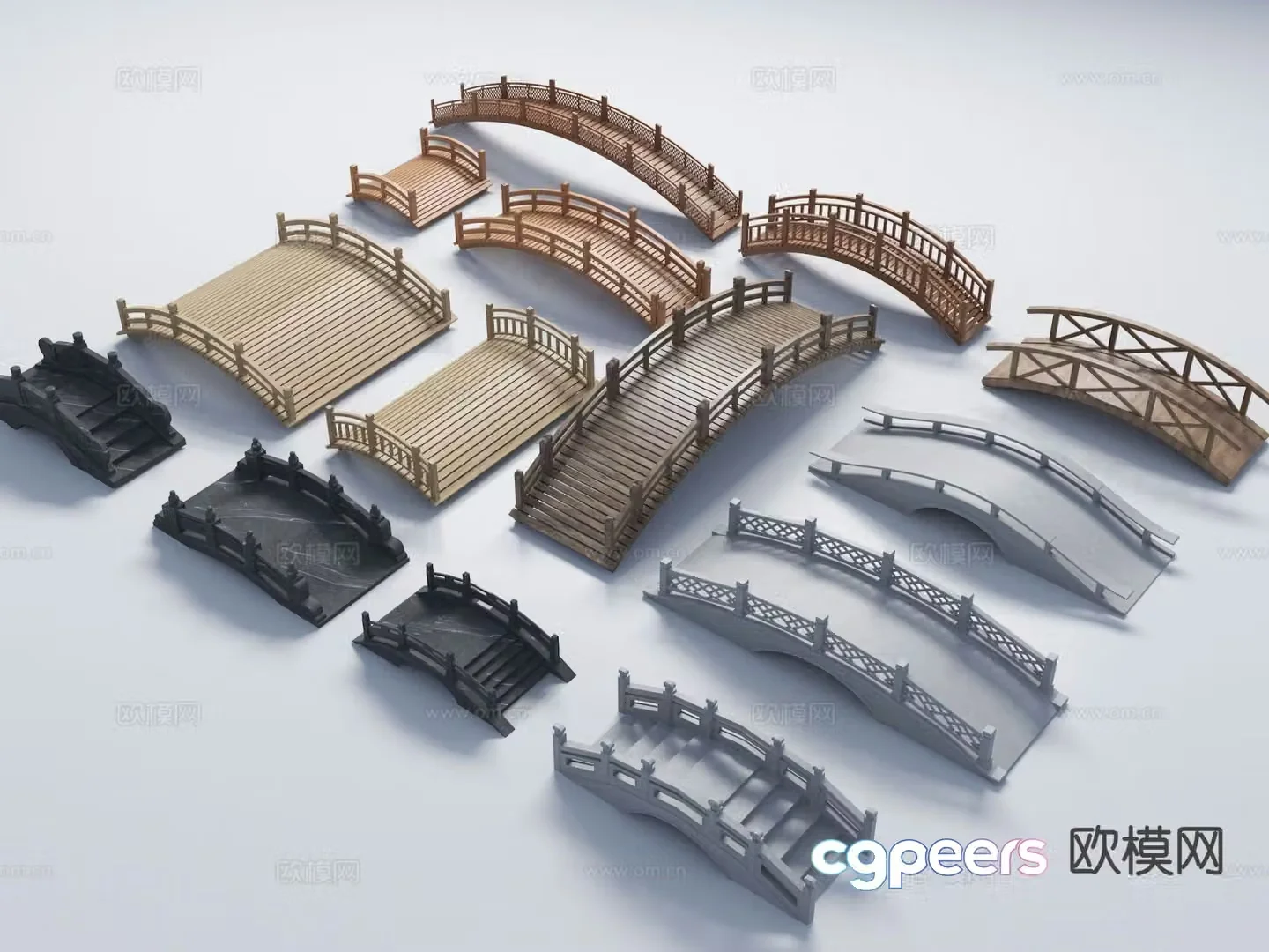 New Chinese wooden bridge stone arch bridge wooden arch bridge viewing plank road bridge 3D model