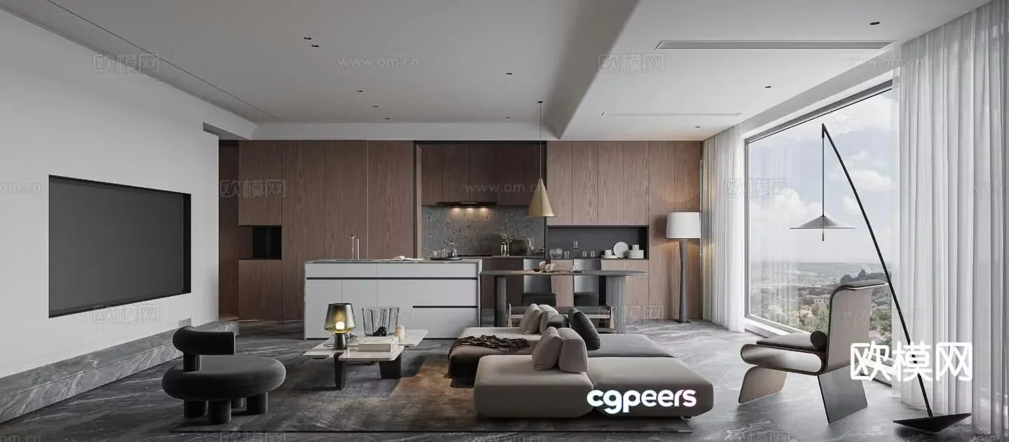 Modern living room and dining room horizontal hall 3D model