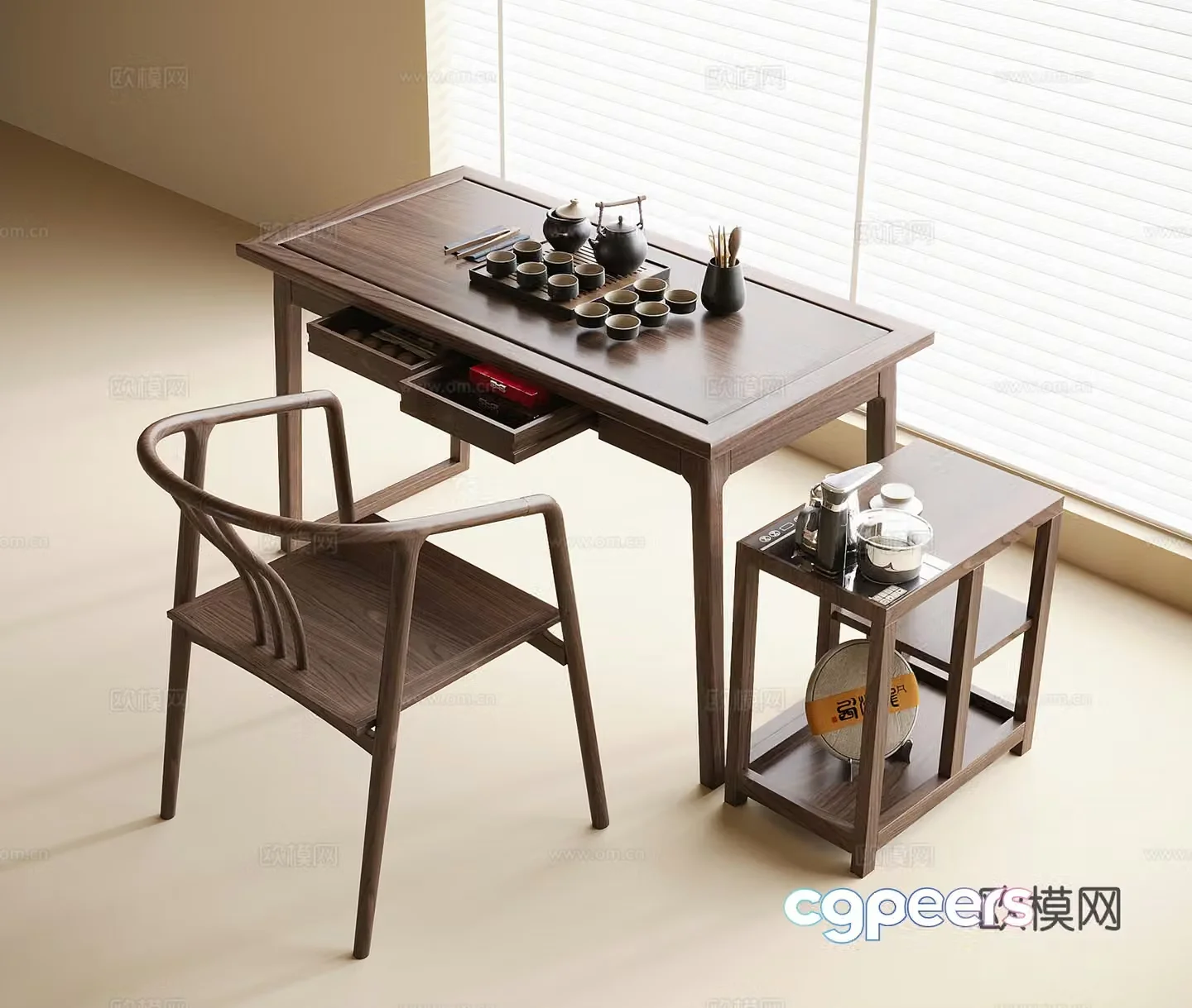 Chinese style balcony tea table and chair tea set ornaments 3D model