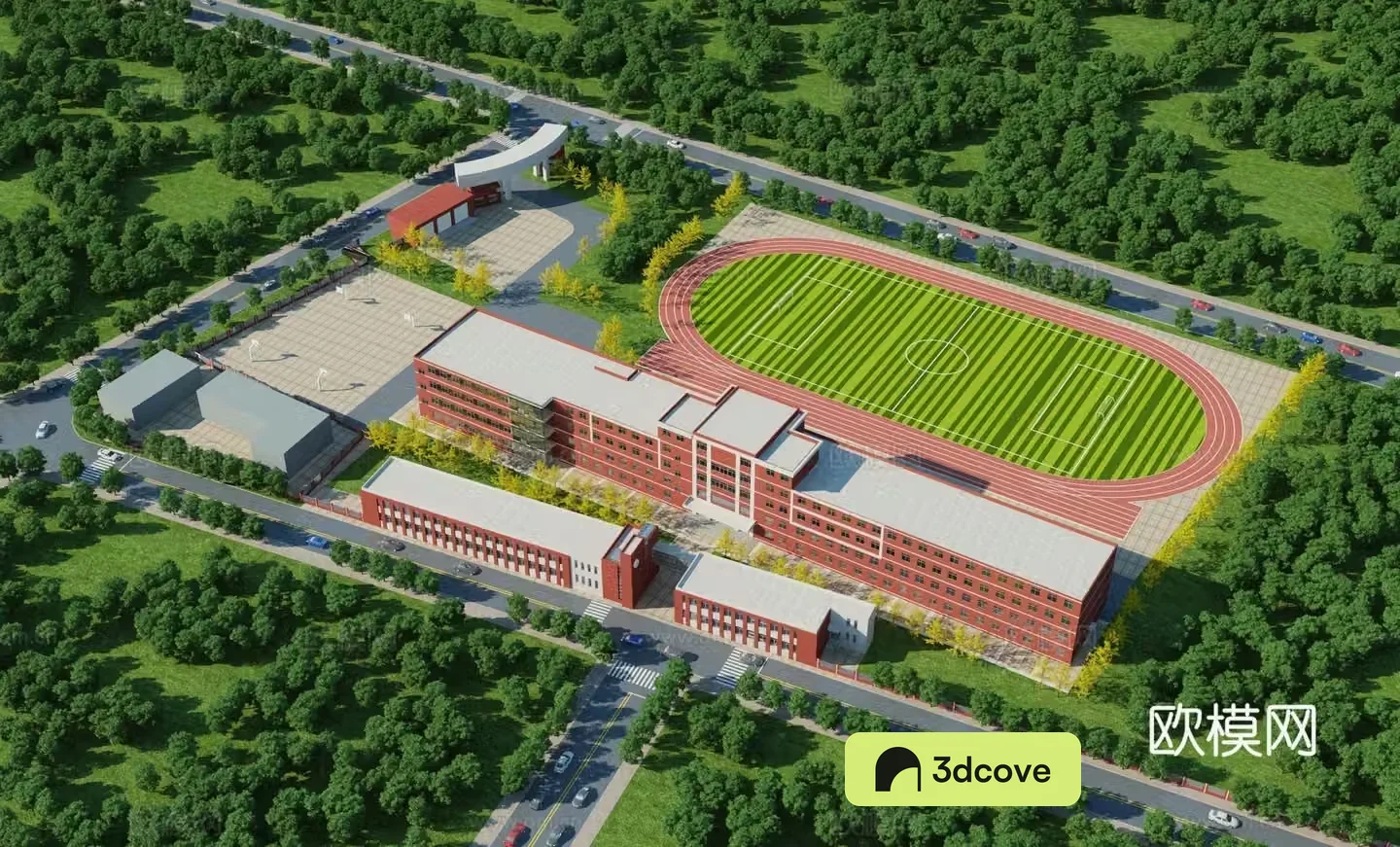 Aerial view 3d model of modern school building