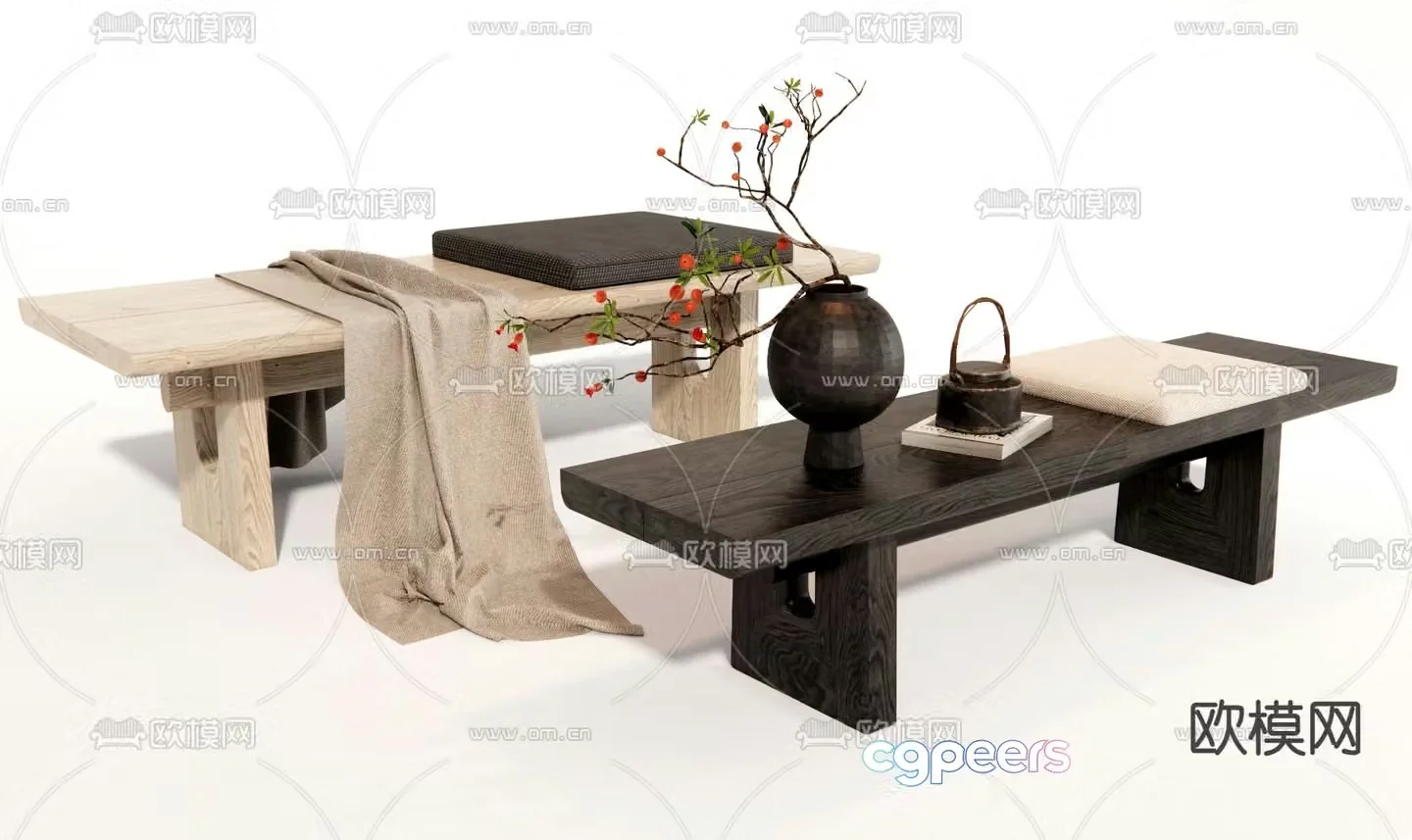 Wabi-sabi style bench bed end stool shoe changing stool bar stool 3D model