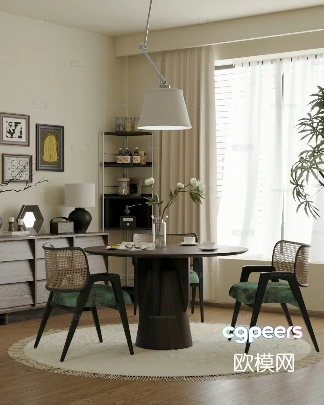 Middle-aged home restaurant dining table and chair combination decorative cabinet angle cabinet chandeliers 3D model