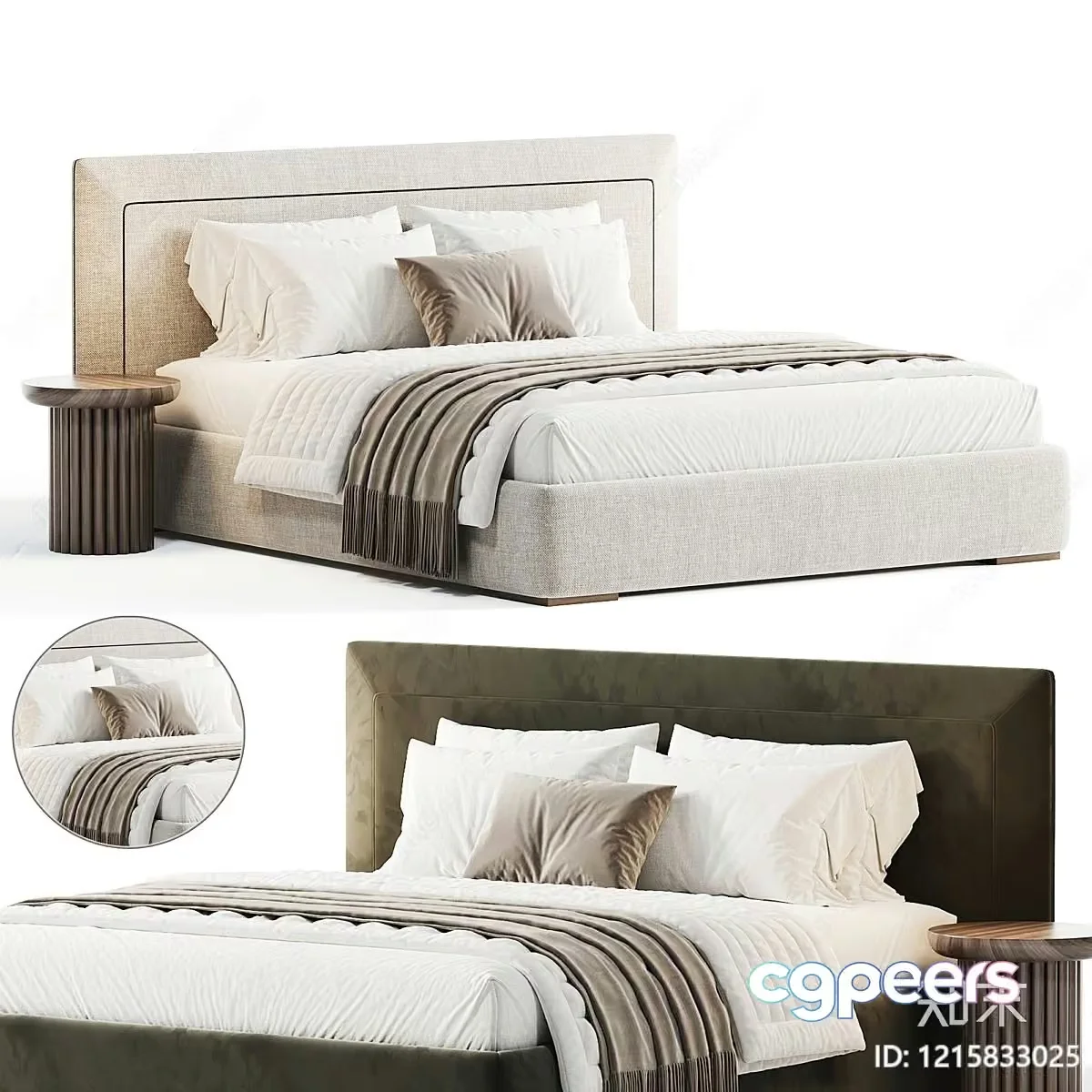 Beige And Brown Bed With Pillows And A Blanket 3D Model – 13434 – VRAY Render
