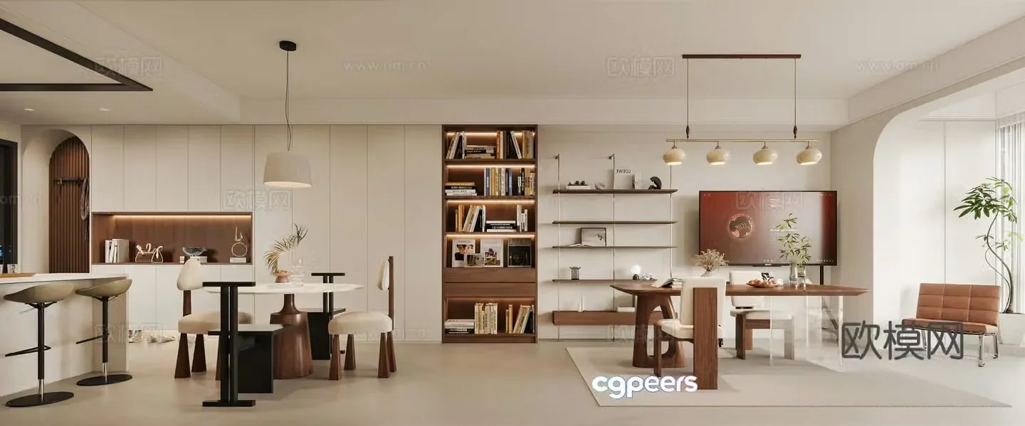 Medium cream style dining room dining table and chair kitchen shoe cabinet wine cabinet bookshelf 3D model