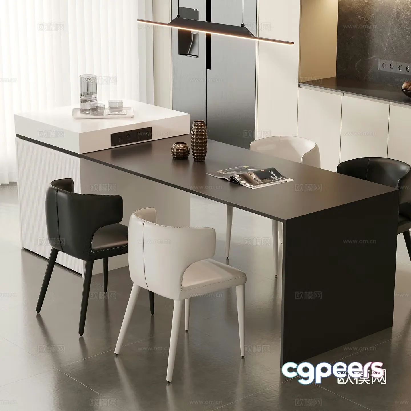 Modern minimalist restaurant island dining table and chair 3D model