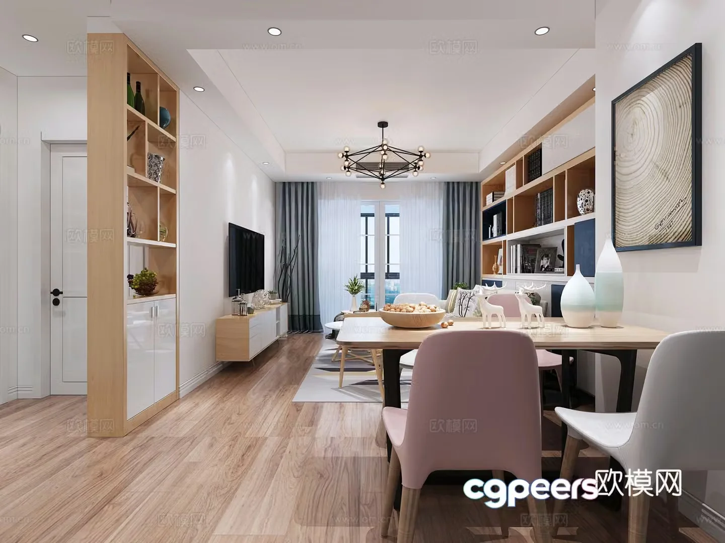 Nordic modern Nordic living and dining room decoration cabinet door curtain chandelier sofa dining table TV cabinet dry branch decoration painting 3d model