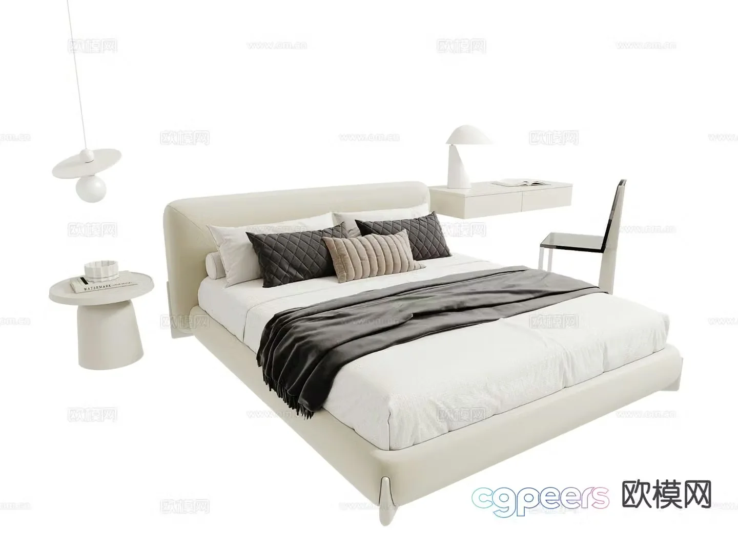 Cream style double bed floating desk 3d model
