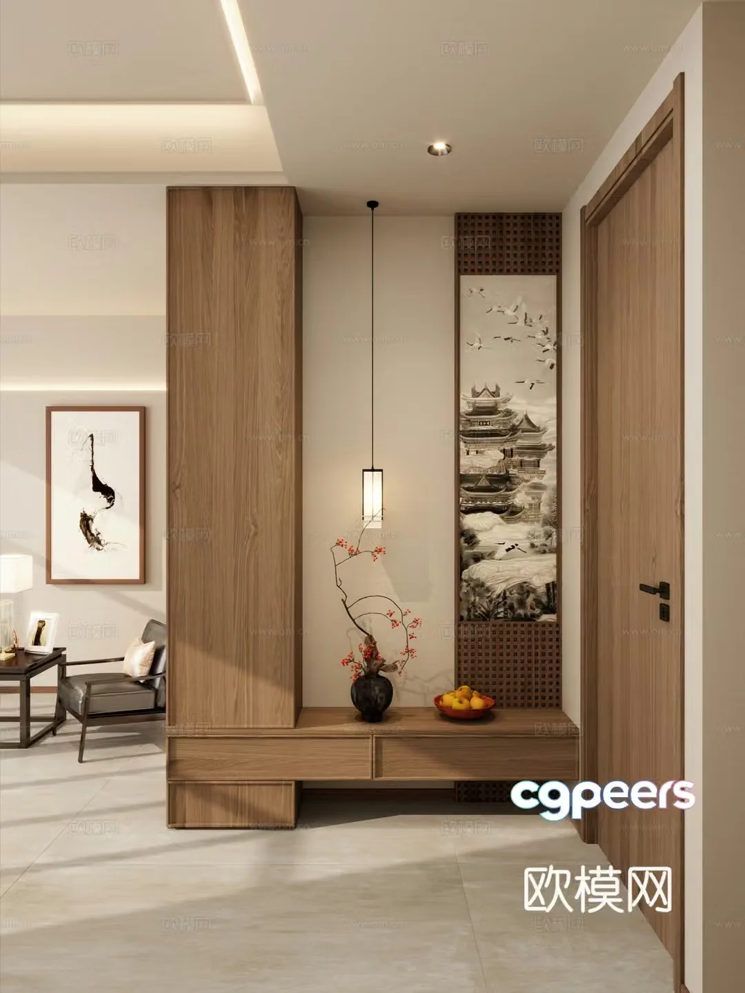 Song style Zen solid wood grille landscaping end view cabinet vase 3d model
