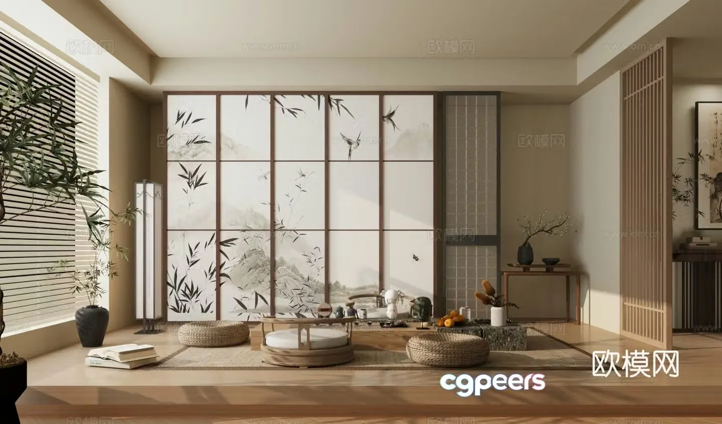 New Chinese-style tatami tea room tea room tea table and chair combination Chinese-style screen 3D model
