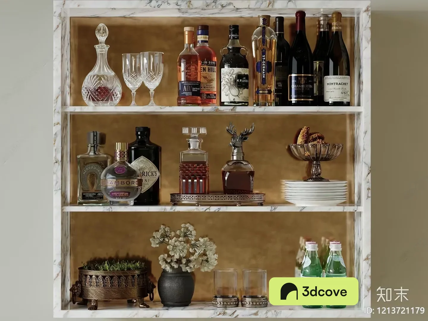 Marble Shelf With Various Bottles And Glasses