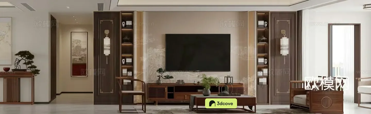New Chinese style living room TV background wall TV cabinet dining table shoe cabinet medieval style living room