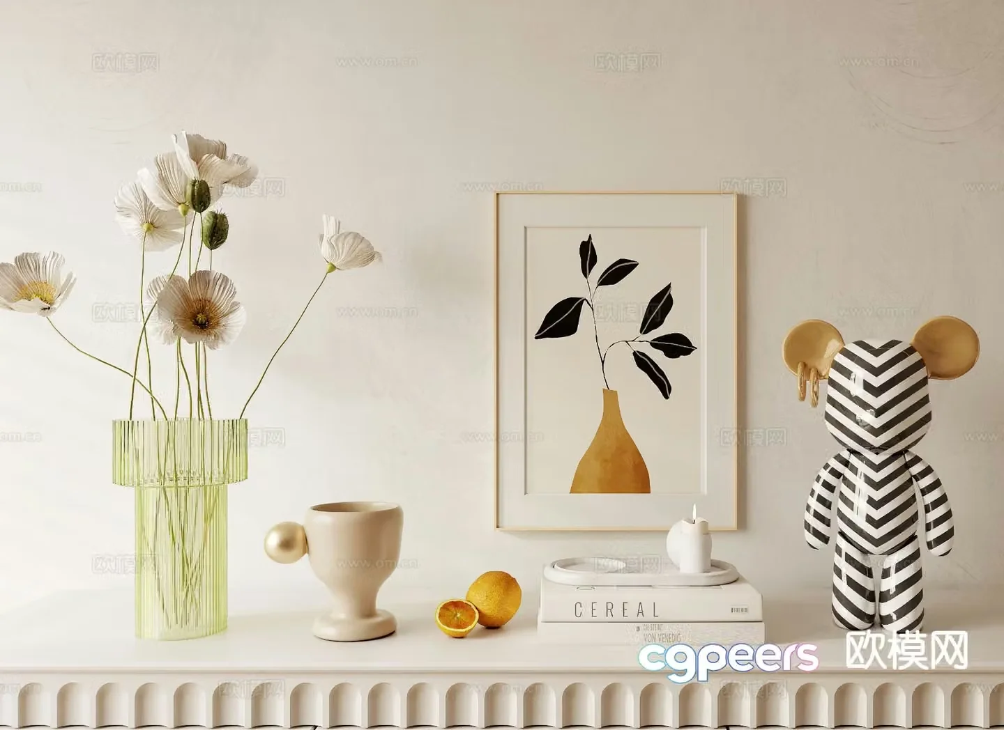 Cream style decorations ornaments vases books 3d model