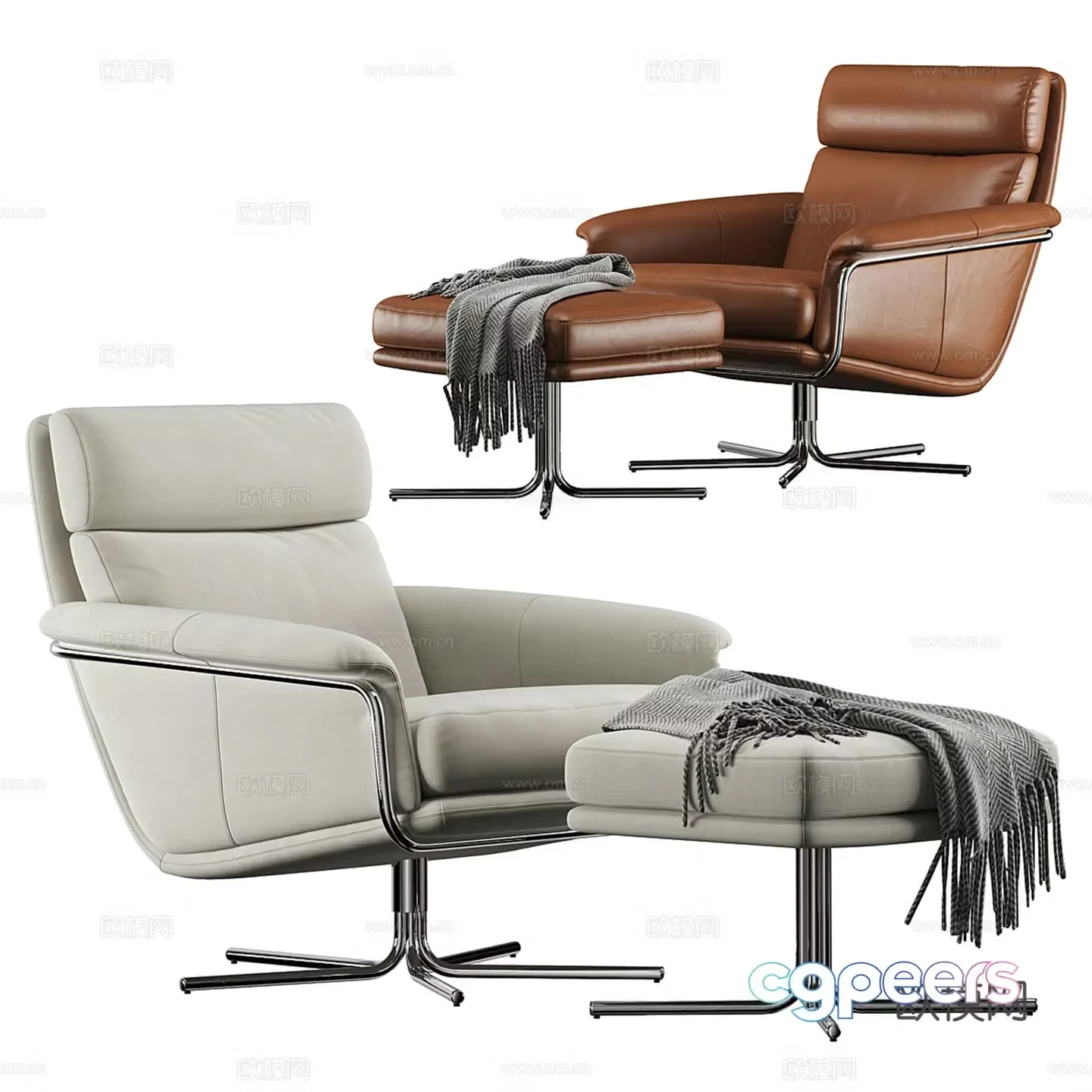 Modern leather leisure chair recliner + foot stool 3D model