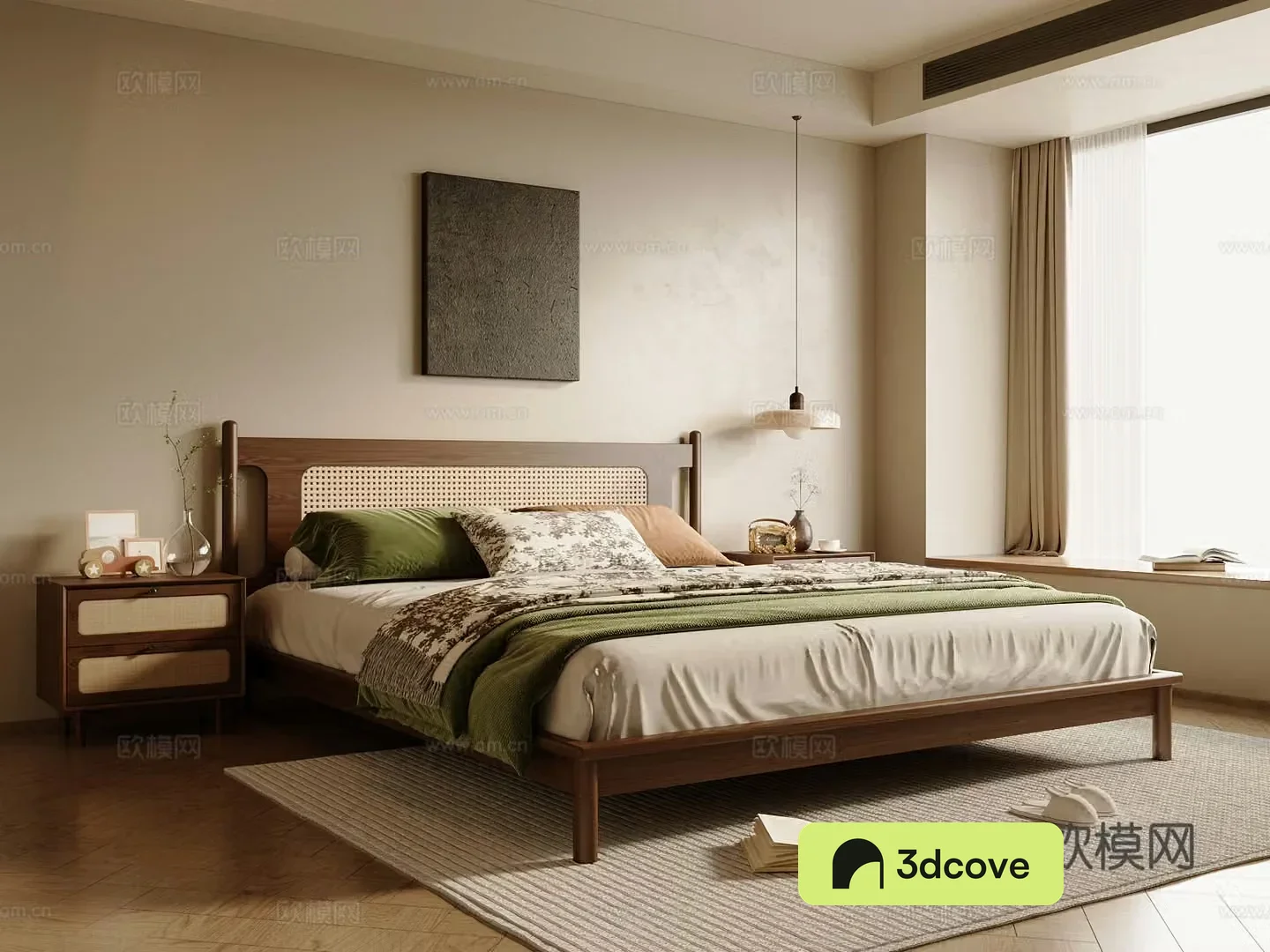 Middle-aged bedroom solid wood double bed bedside table bedroom without owner light 3D model