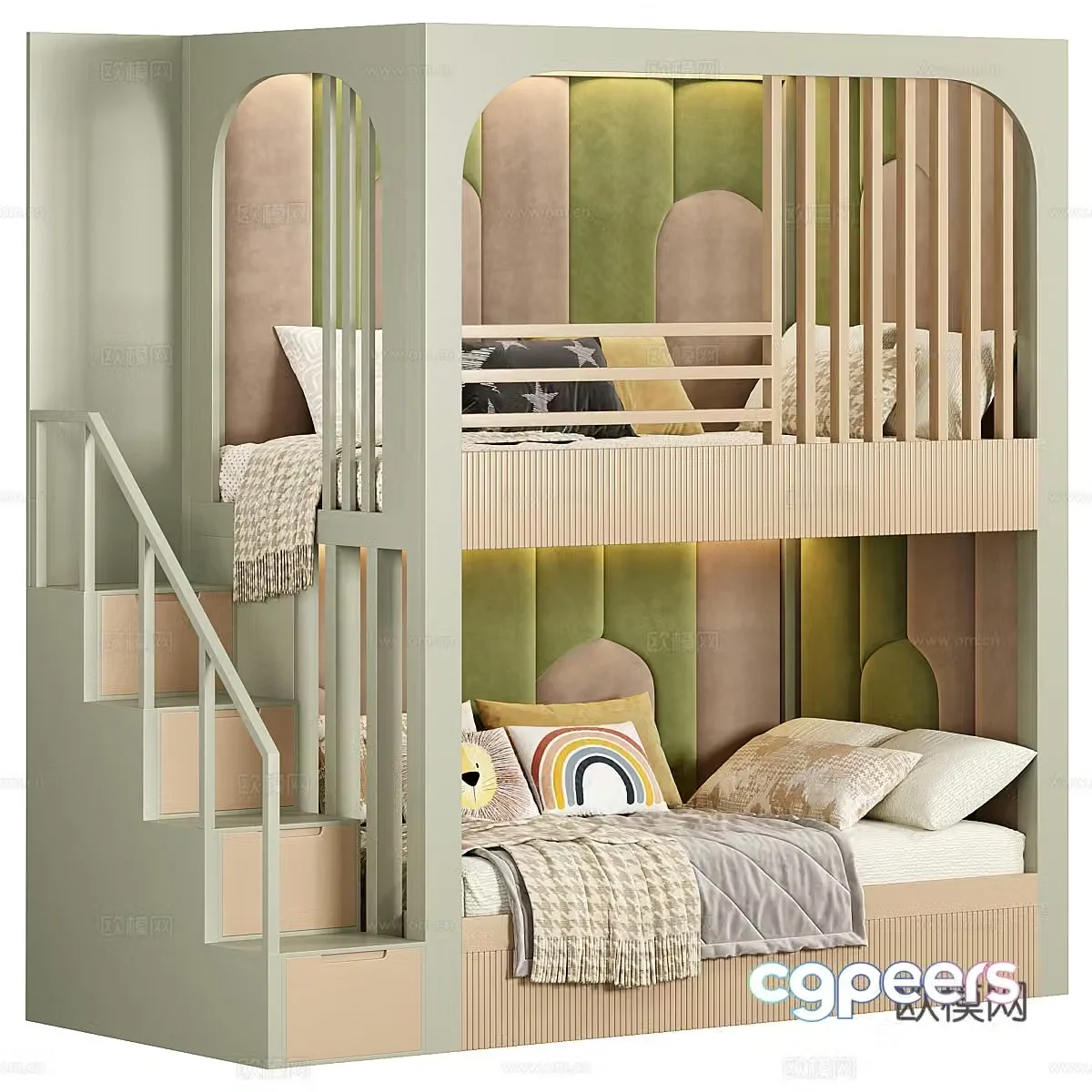 Modern cream style children’s high and low bed 3d model
