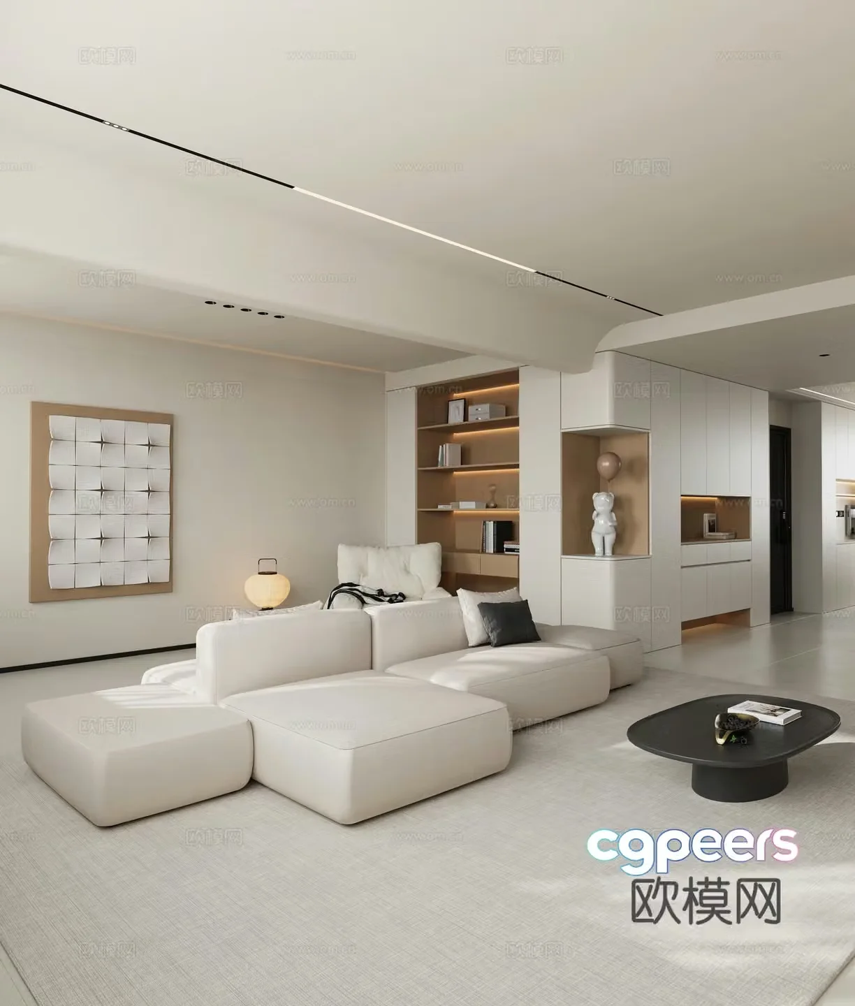 Creamy living room casual sofa combination sofa wine cabinet ornaments decoration modern living room 3d model