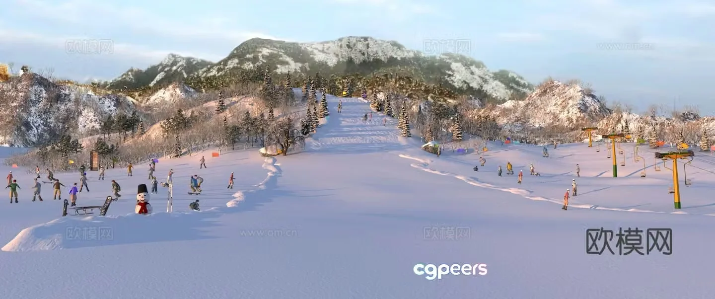modern snow mountain winter ski resort snow scene 3d model