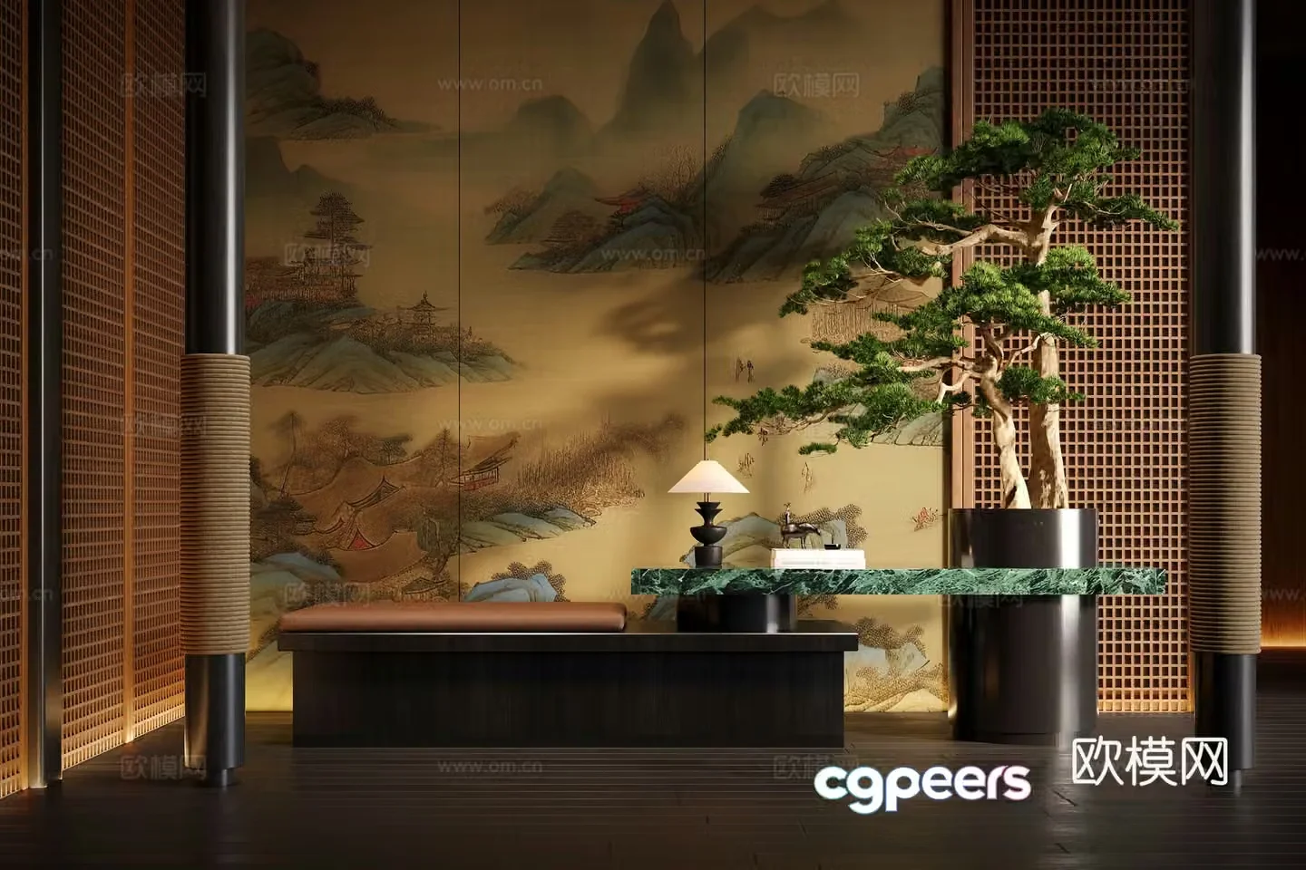 New Chinese-style hall Plant installation Welcome pine Rest stool 3D model