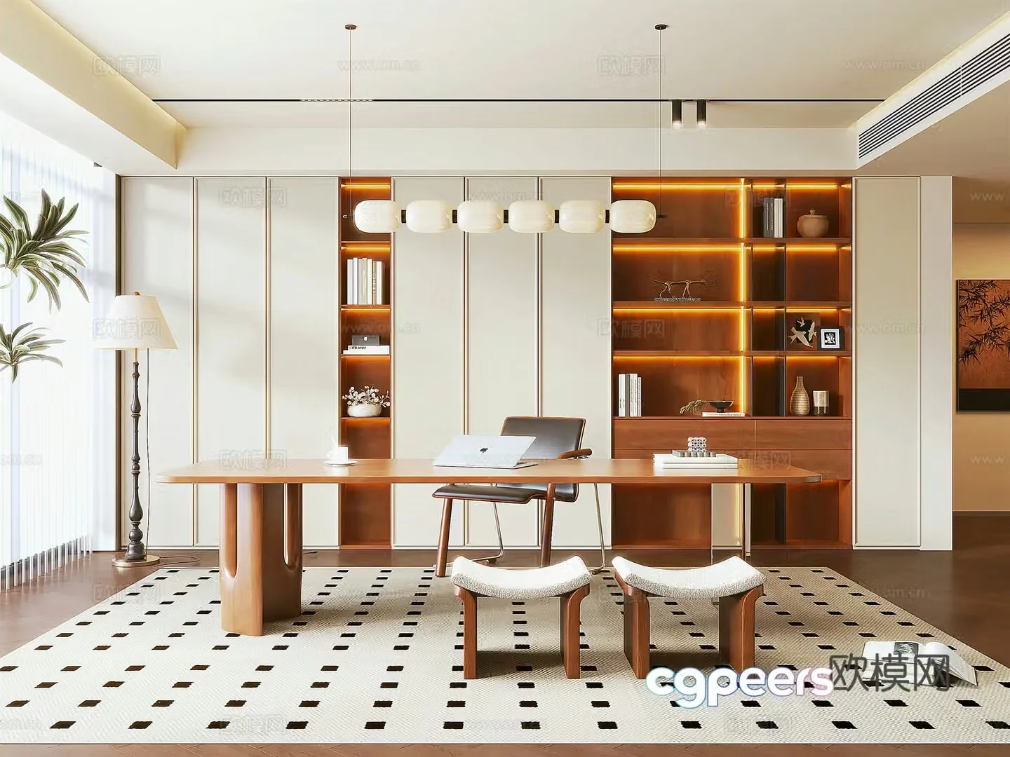 Modern medieval study bookcase desk chair study book ornament combination study chandelier 3d model