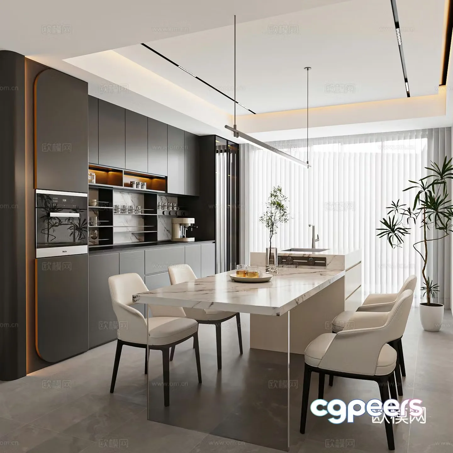 Modern Italian restaurant Island restaurant Sideboard dining table and chair combination 3D model