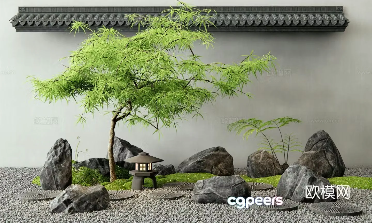 New Chinese landscape stone Tingbu Garden sketch Feather maple landscape tree Dead landscape stone 3d model
