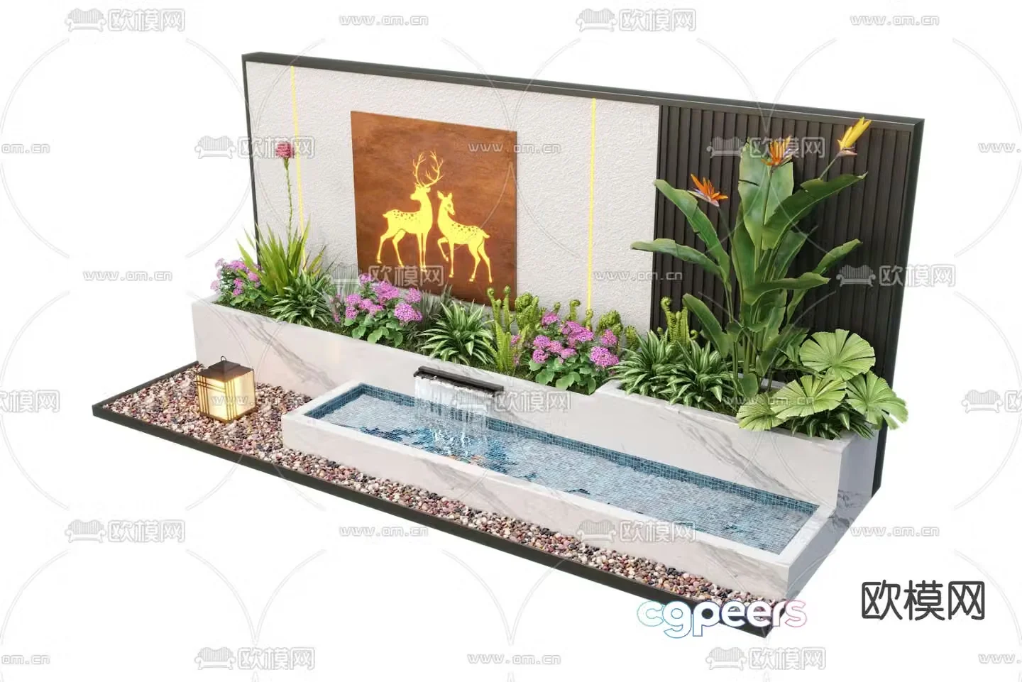 Modern water feature wall fountain pool sketch 3d model