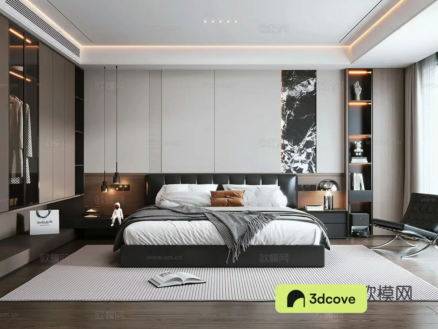 Italian light luxury bedroom leather double bed bedside table wardrobe bedside chandeliers leisure chair