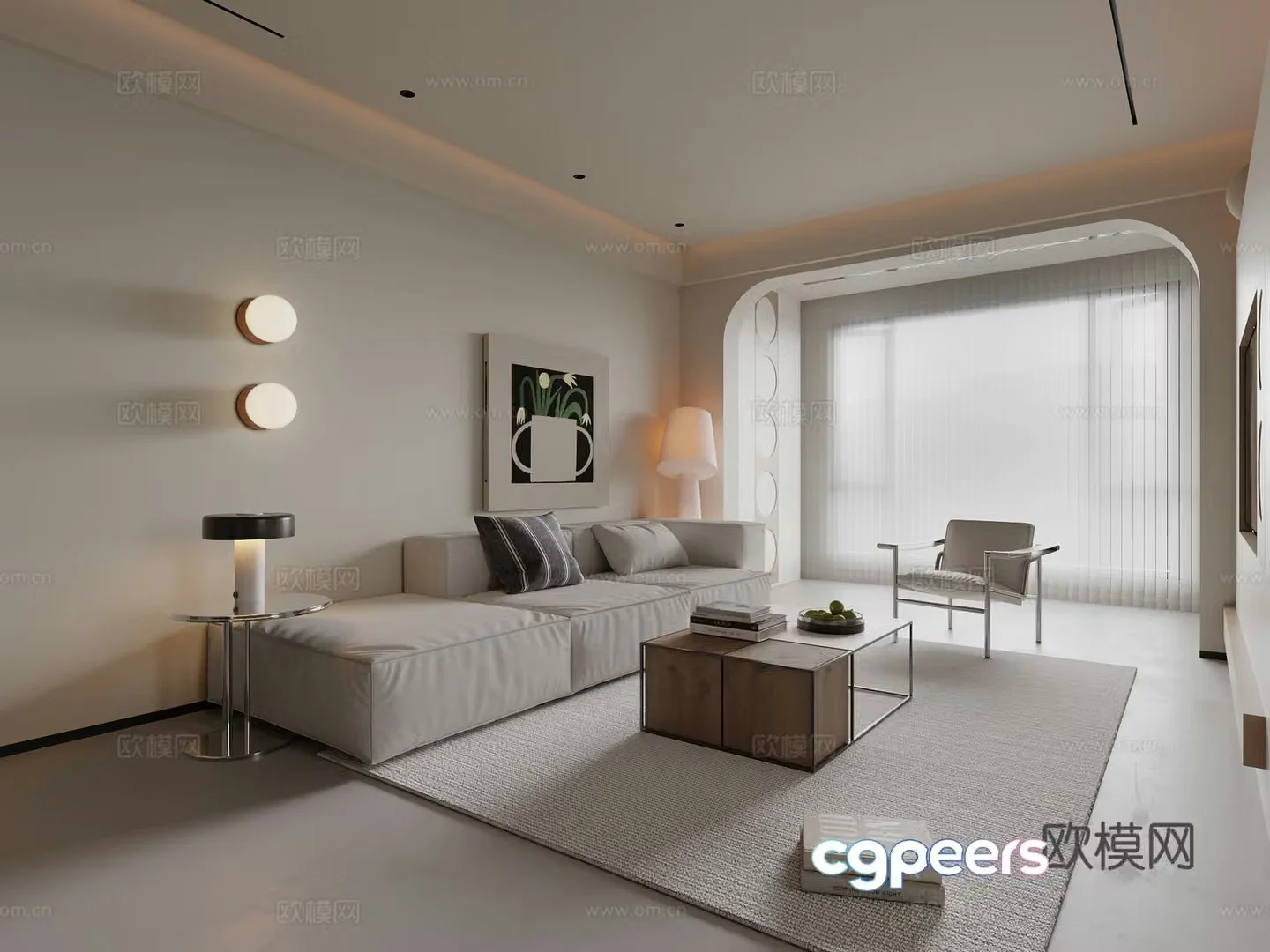 Modern minimalist cream style living room sofa coffee table combination floor lamp hanging painting wall lamp 3D model