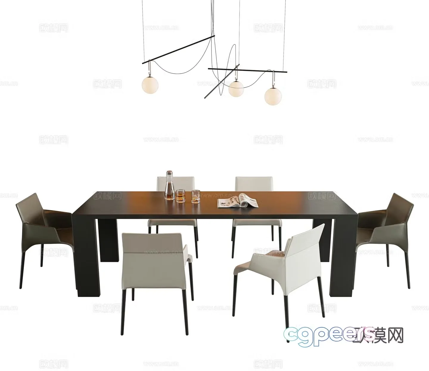 Modern minimalist dining table and chair combination rectangular dining table solid wood dining table leather dining chair single chair book chair 3d model