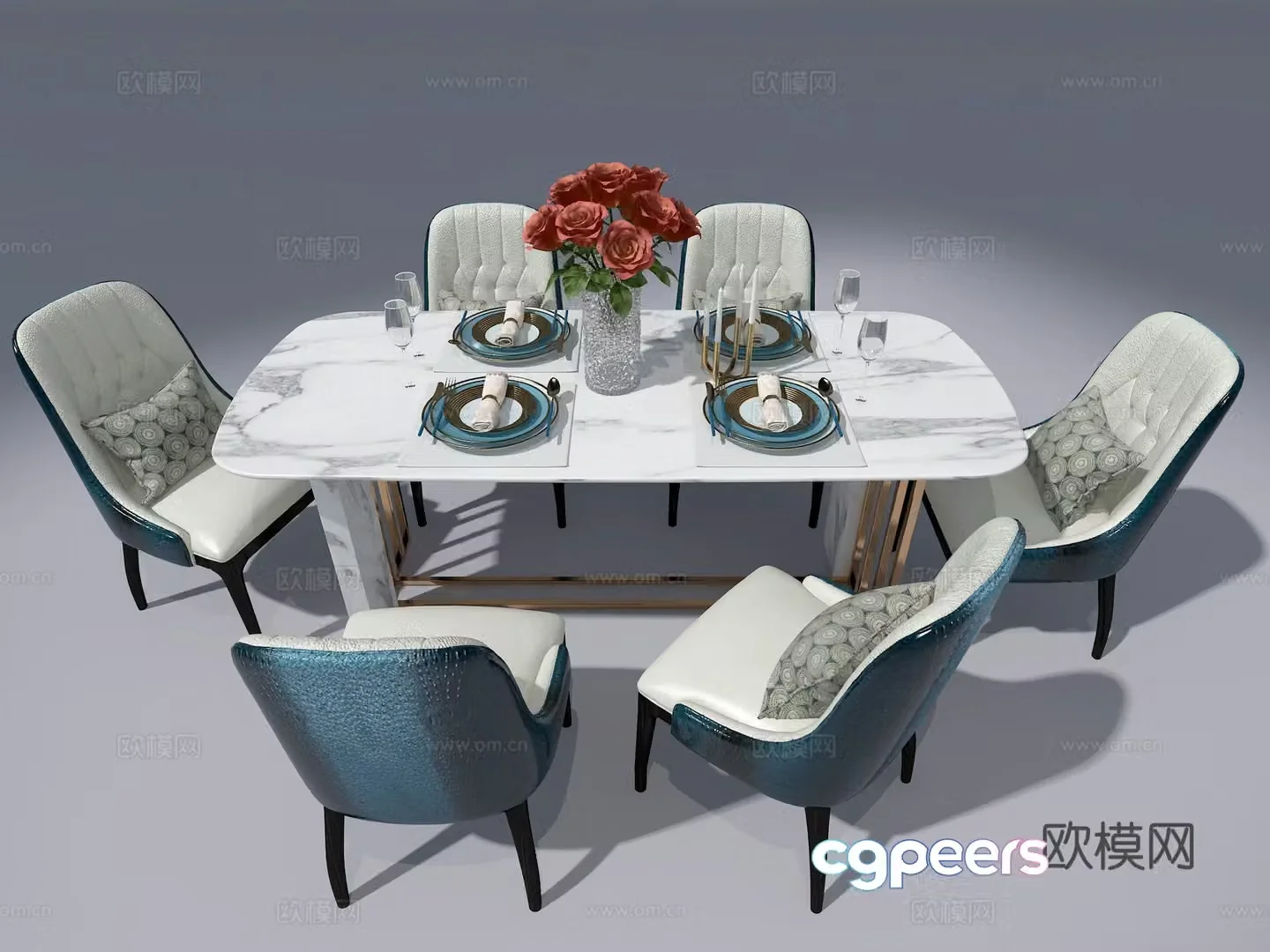 6 people dining table and chair 3d model