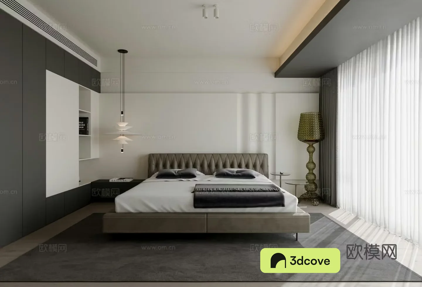 Modern bedroom bed carpet chandelier TV