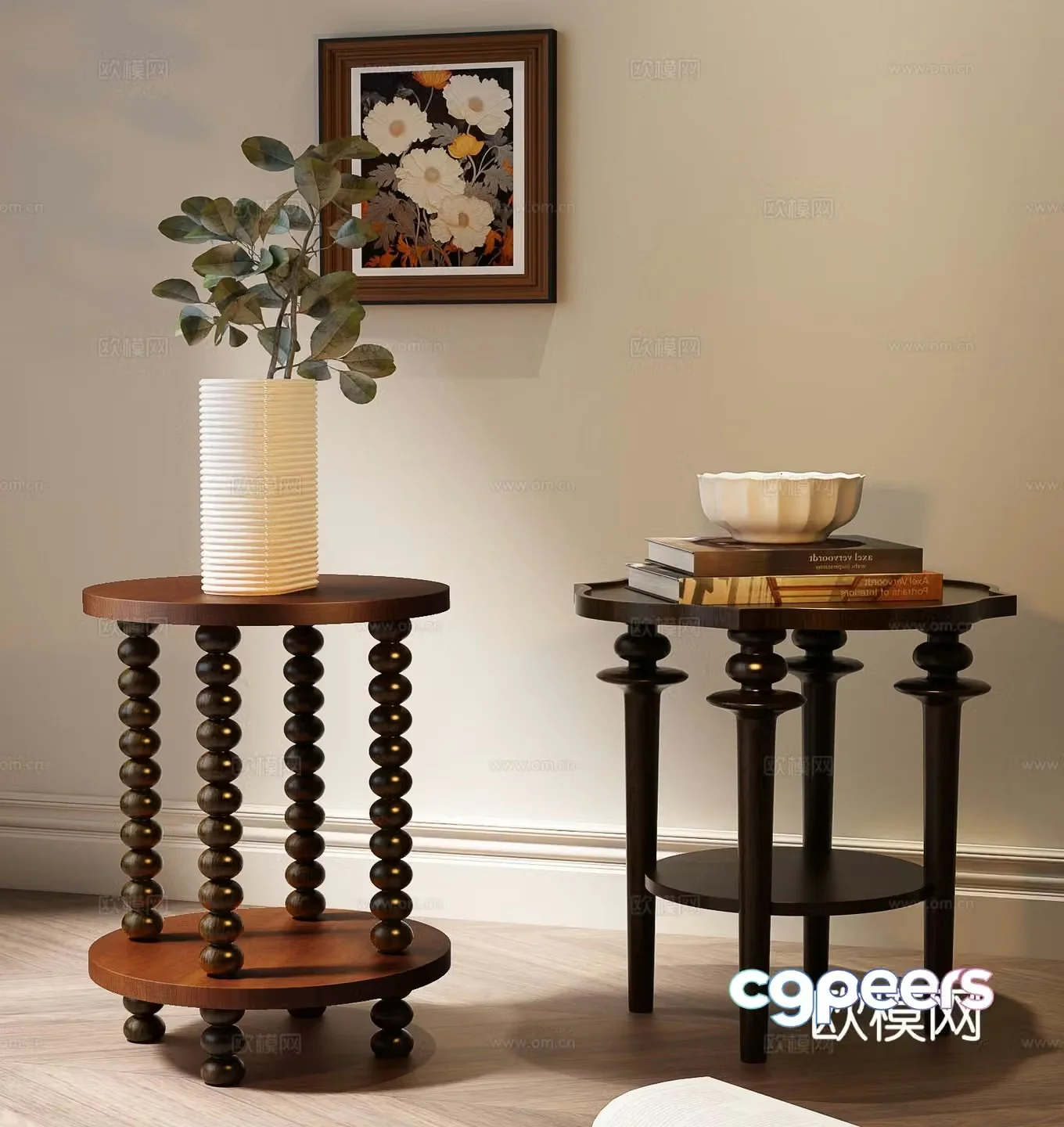 Medieval corner table side table round table 3D model
