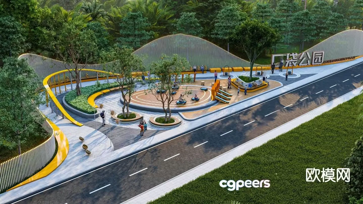 Modern pocket park street corner green space park 3d model