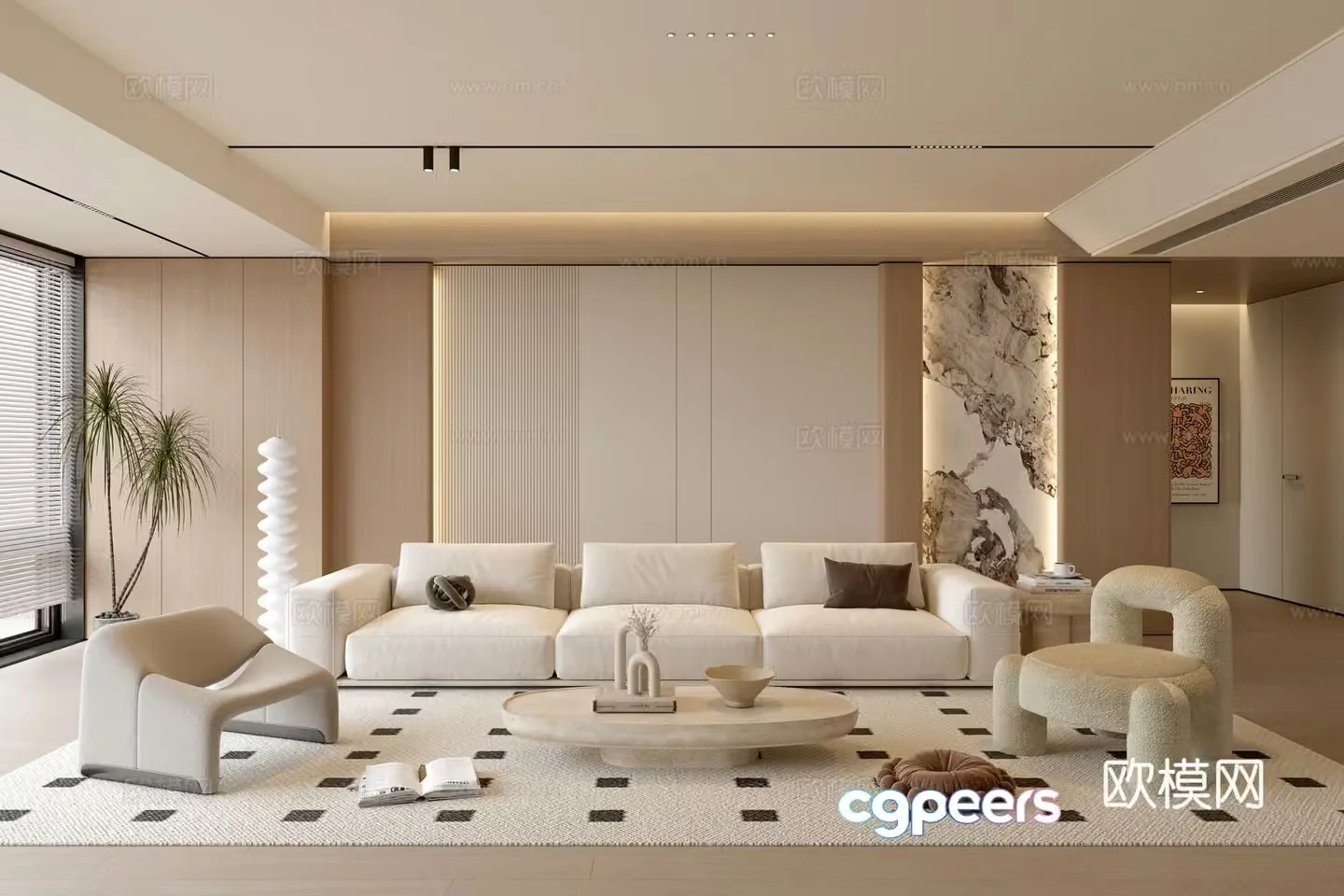Modern cream simple living room balcony cabinet sofa combination coffee table sofa background wall 3d model