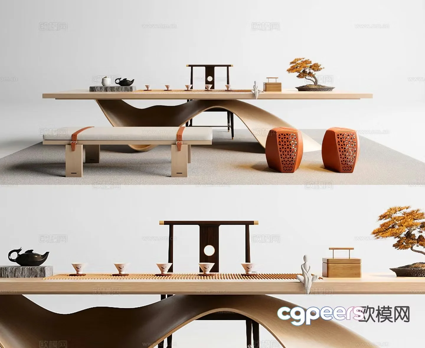 New Chinese tea table and chairs 3d model