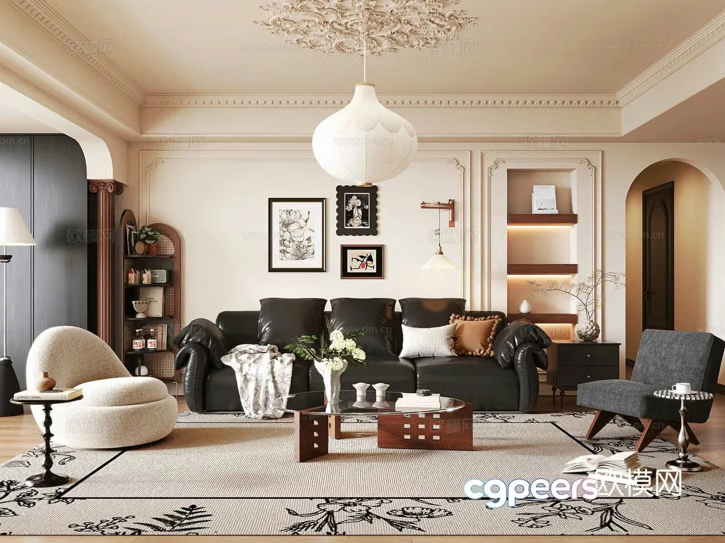 French medieval style living room leather French sofa leisure chair round coffee table side table bookshelf 3D model