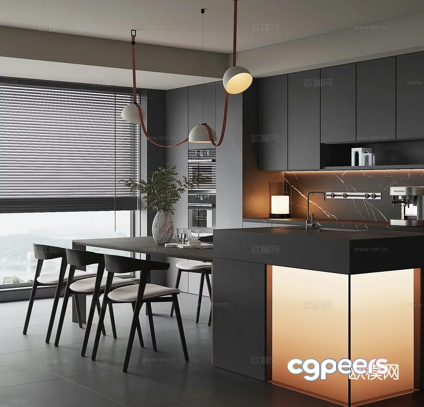 Modern island dining table and chairs 3d model