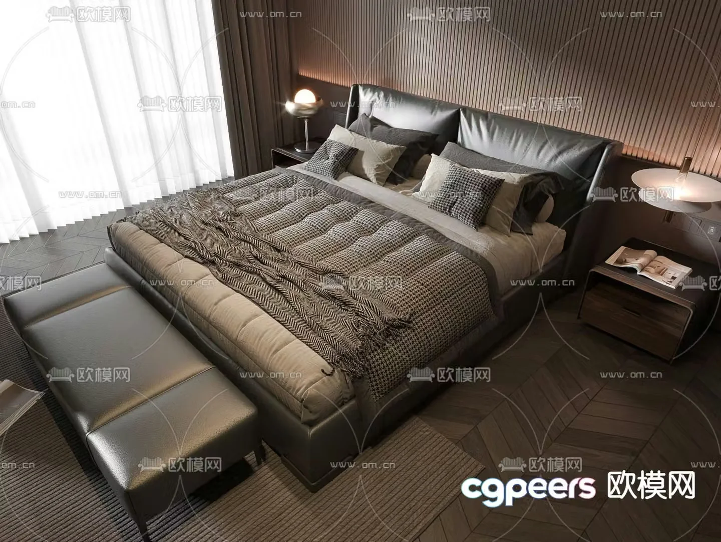 Dark style double bed 3d model