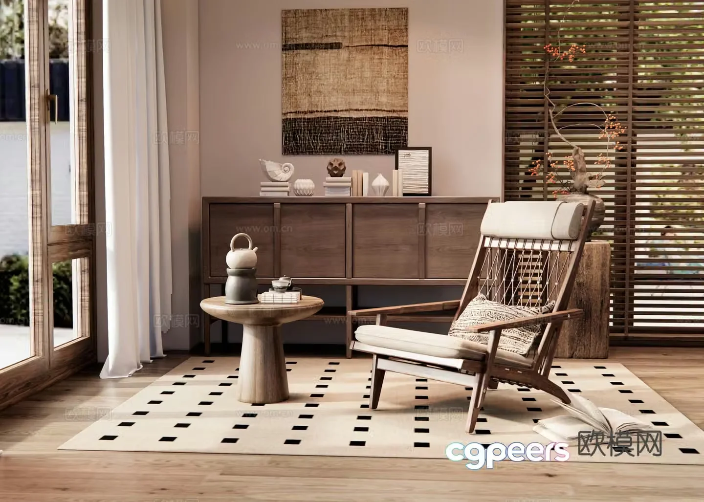 Wasabi Middle Style Lounge Chair Leisure Chair Entrance Cabinet Leisure Table and Chair Jewelry Ornament Combination 3D Model