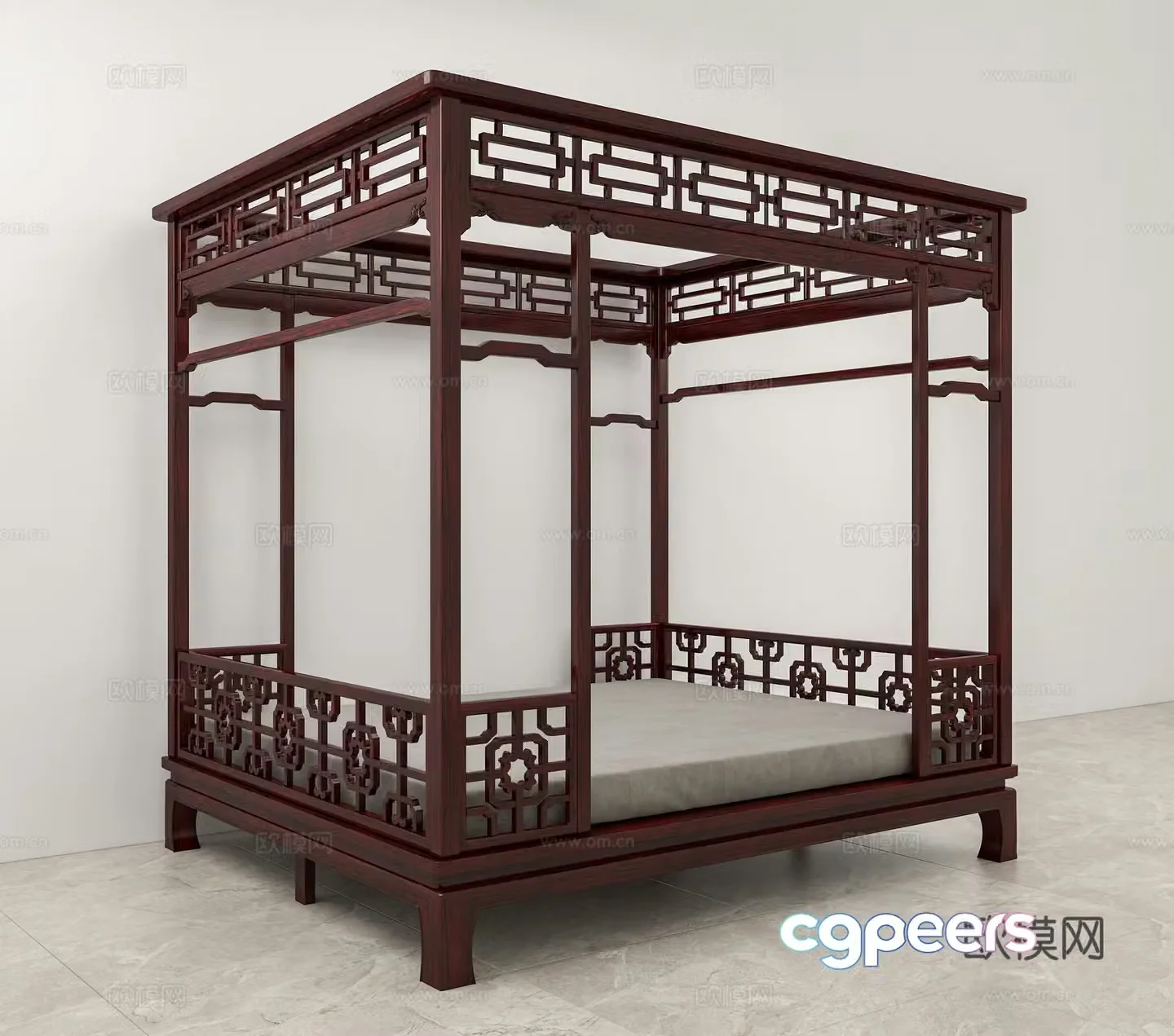 Chinese style rack bed double bed solid wood mahogany 3D model