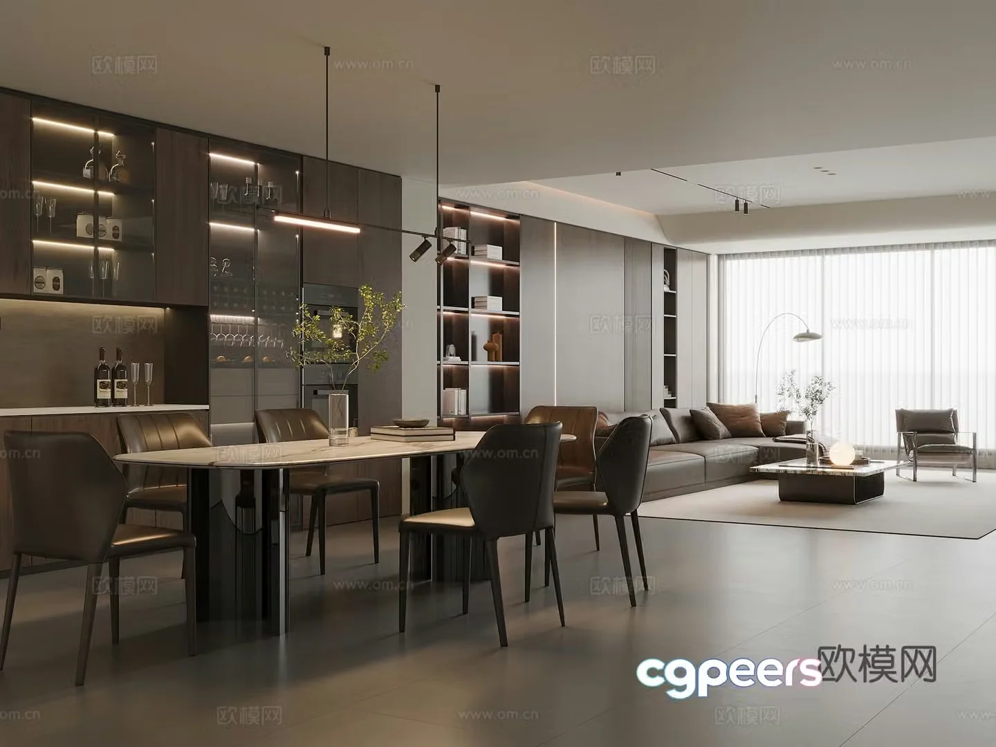 Modern Italian dining room marble dining table and chairs sideboard wine cabinet leather sofa coffee table combination 3D model