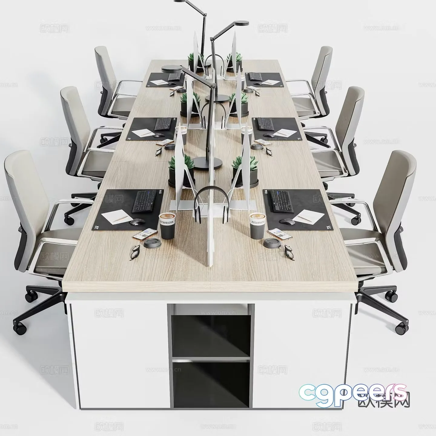 Modern office desk six person office desk 3d model