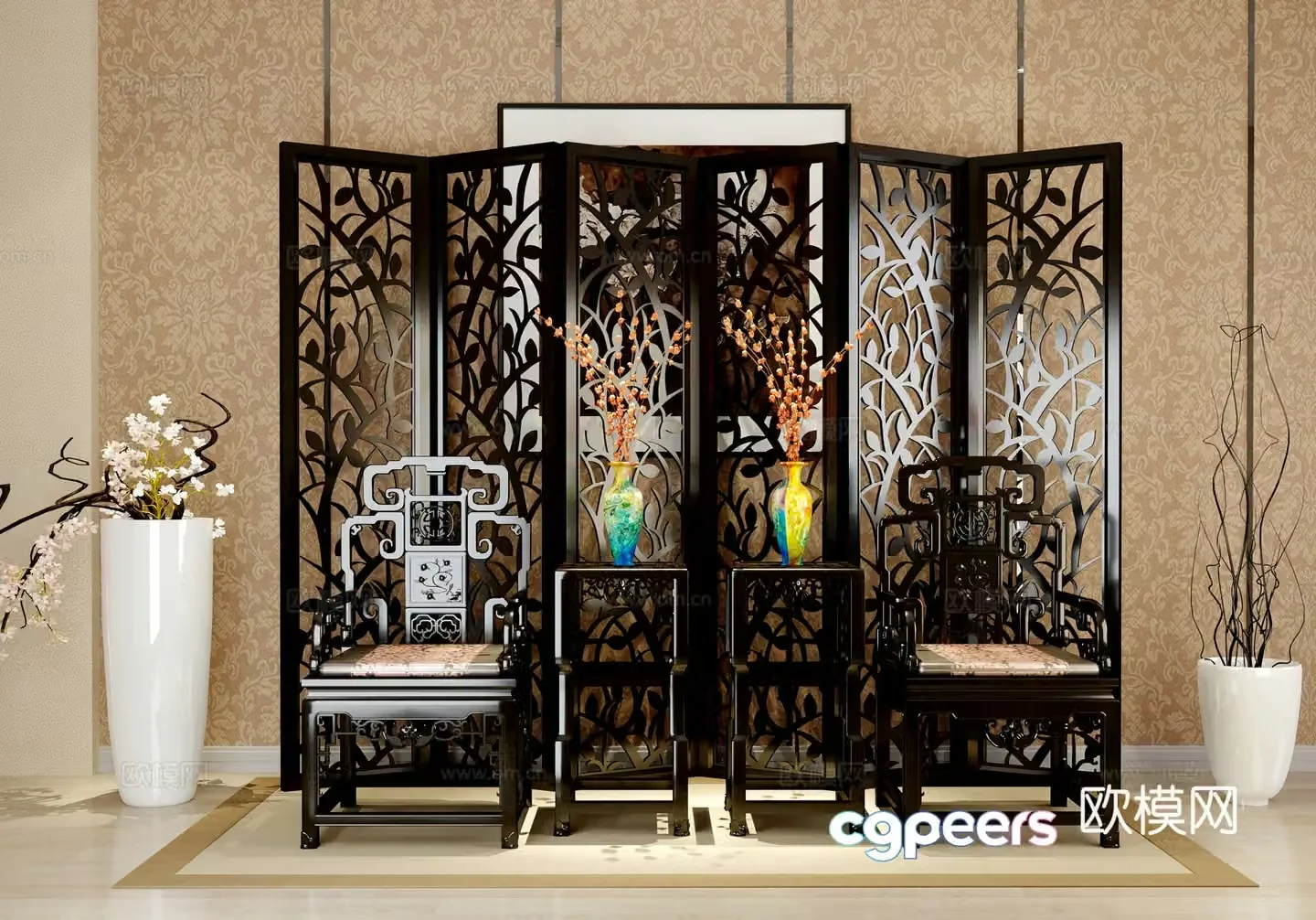 Chinese single chair porch plant screen carpet hanging painting potted plant 3D model
