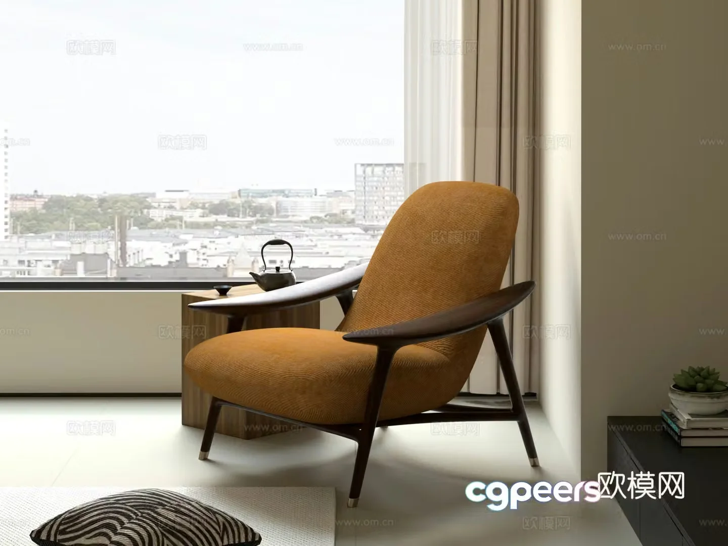 New Chinese style living room balcony single sofa fabric sofa casual sofa sofa chair solid wood chair 3D model
