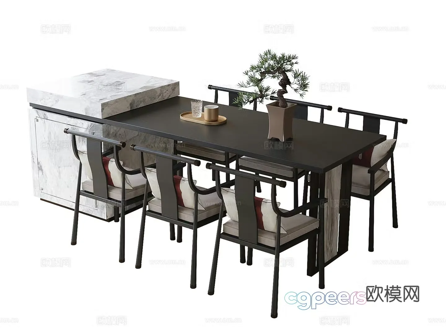 Chinese island dining table and chair dining chair 3d model