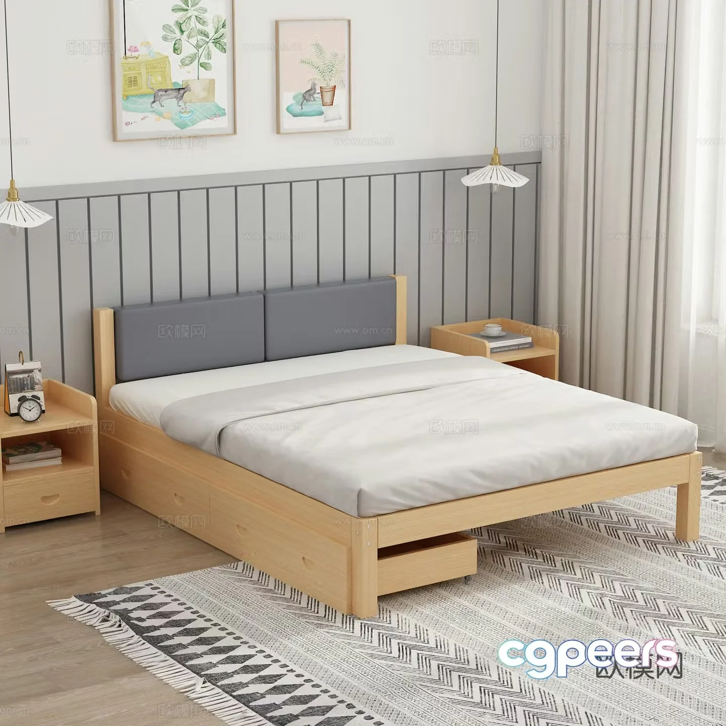 Solid wood soft pack double bed Simple solid wood bed Bedroom Bedside table Chandelier Decorative painting Carpet 3D model