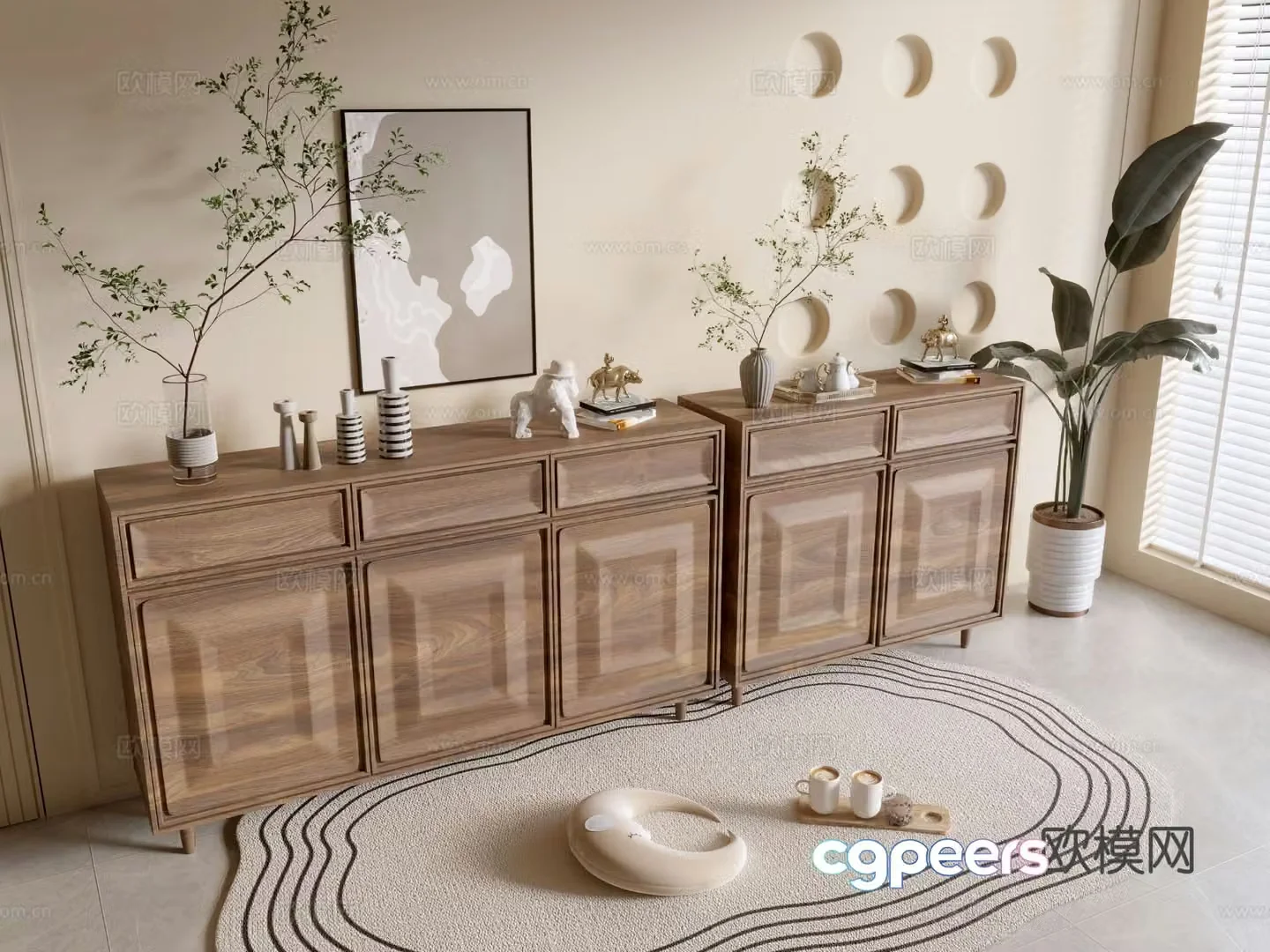 Log style side cabinet wood grain cabinet chest of drawers 3D model