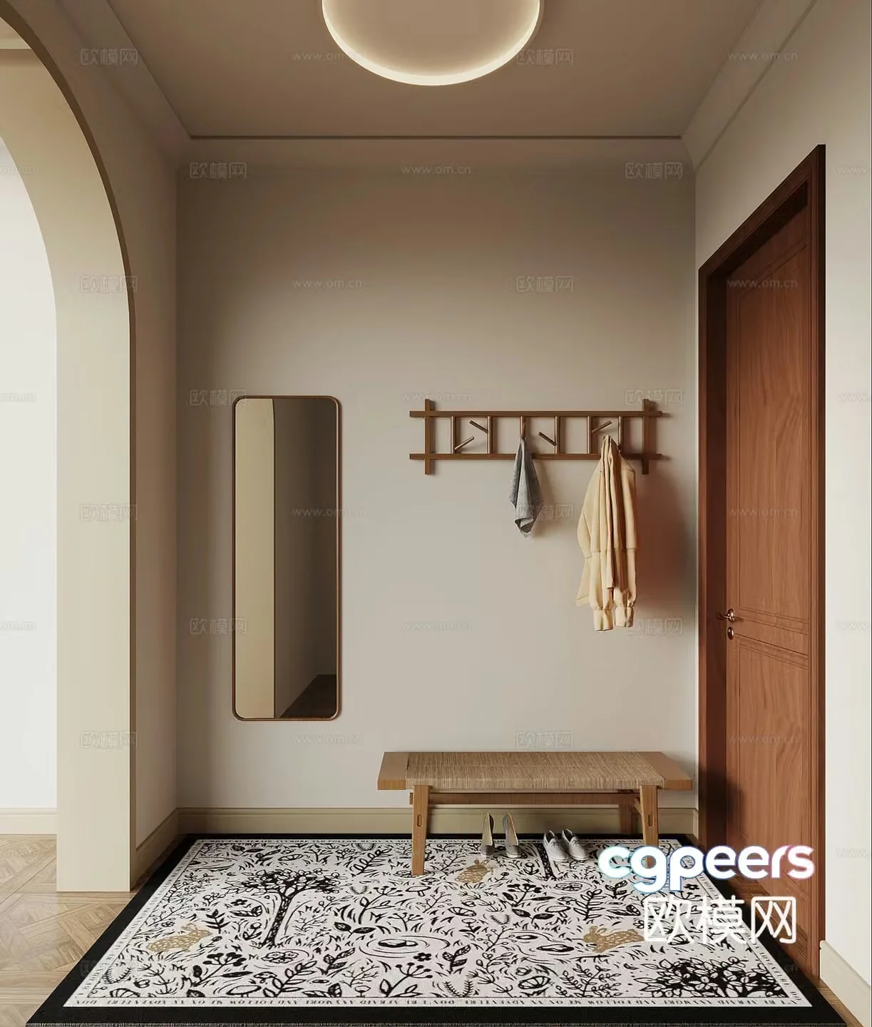 Middle-aged style entrance door shoe changing stool clothes hanging hanger full-body mirror 3D model