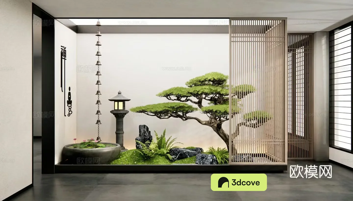 New Chinese style interior landscape garden sketch patio landscape moss stone water bowl rain chain